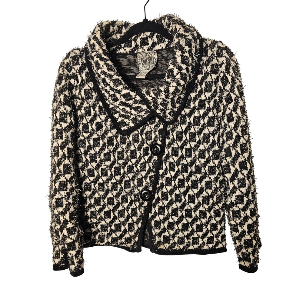 Curio Women's Black White Houndstooth Knit Jacket Sweater Button Wide Collar M